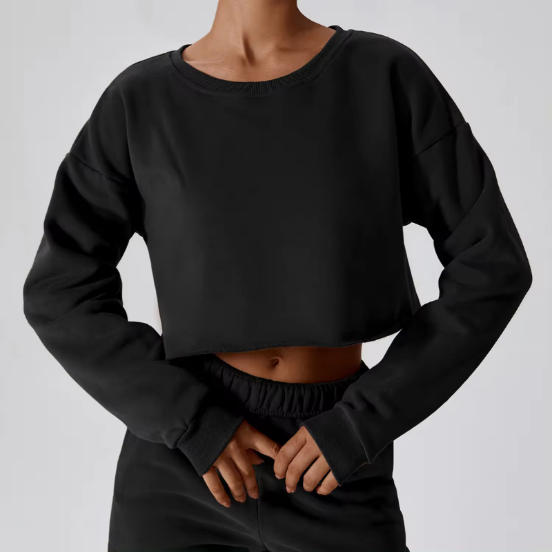 Women Cotton Fleece Crop Sweatshirt Drop Shoulder Pullover